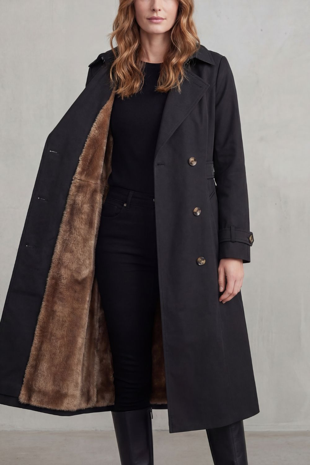 Women's Double-Breasted Winter Coat with Faux Fur Lining - Carletta