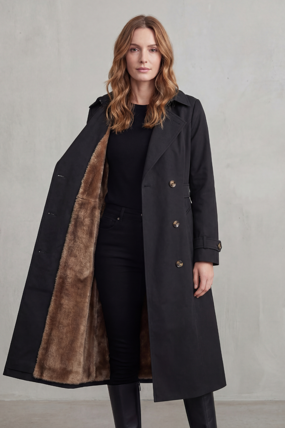Women's Double-Breasted Winter Coat with Faux Fur Lining - Carletta