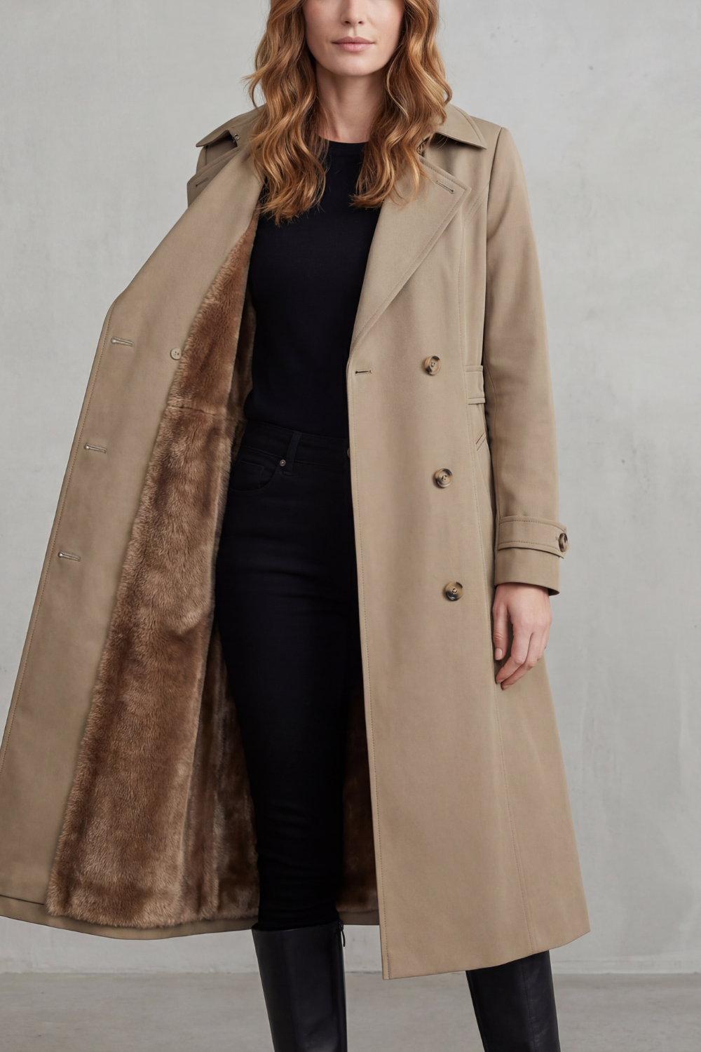 Women's Double-Breasted Winter Coat with Faux Fur Lining - Carletta