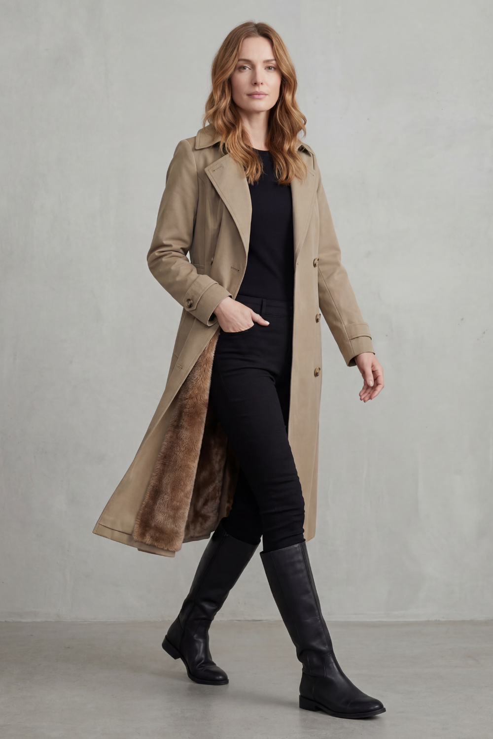 Women's Double-Breasted Winter Coat with Faux Fur Lining - Carletta