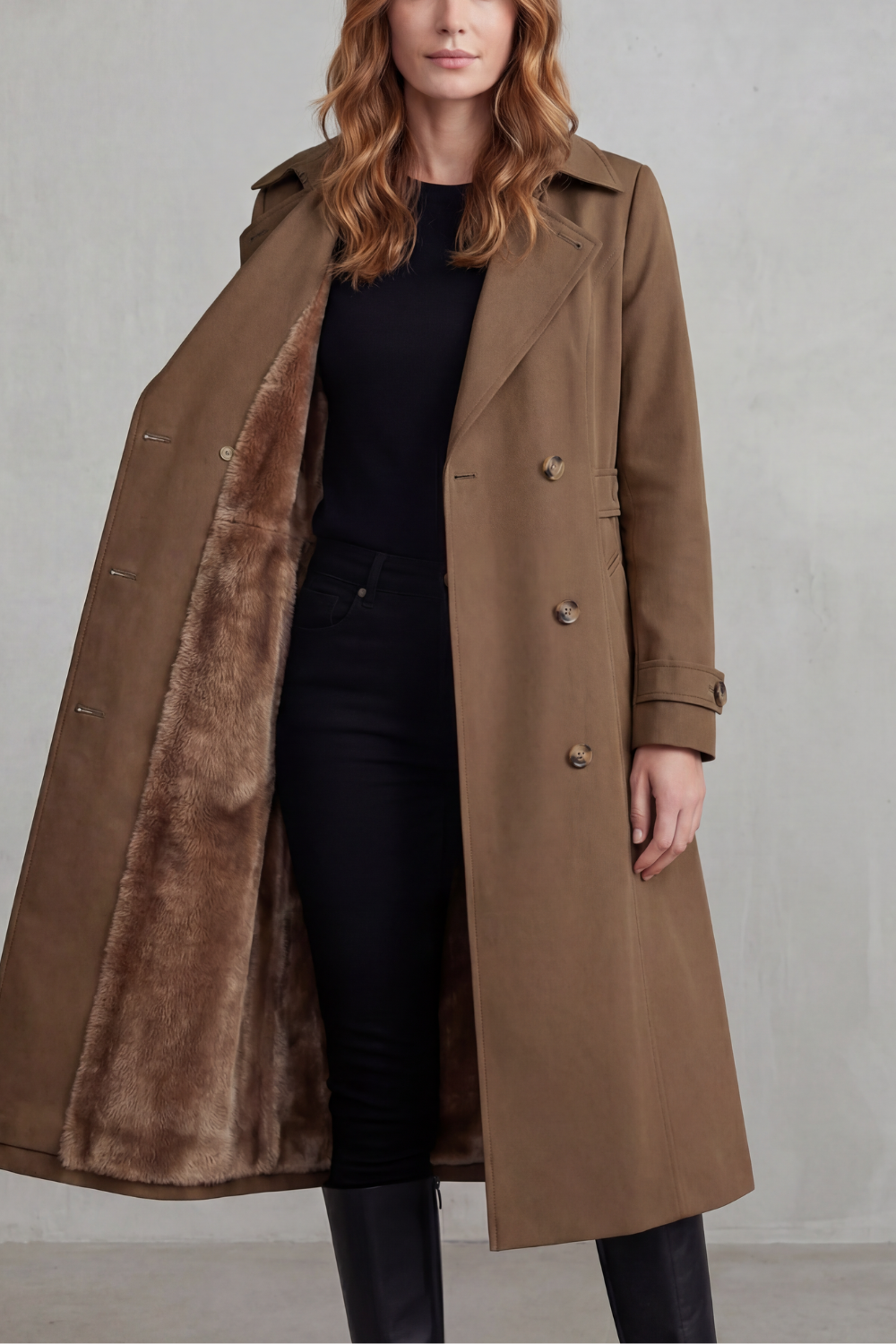 Women's Double-Breasted Winter Coat with Faux Fur Lining - Carletta