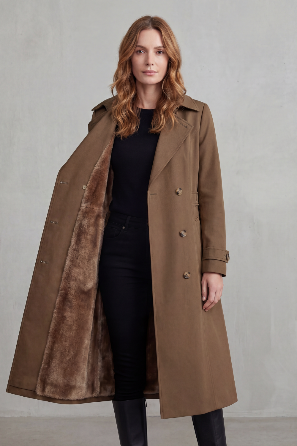 Women's Double-Breasted Winter Coat with Faux Fur Lining - Carletta