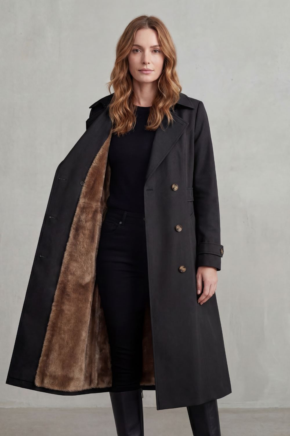 Women's Double-Breasted Winter Coat with Faux Fur Lining - Carletta