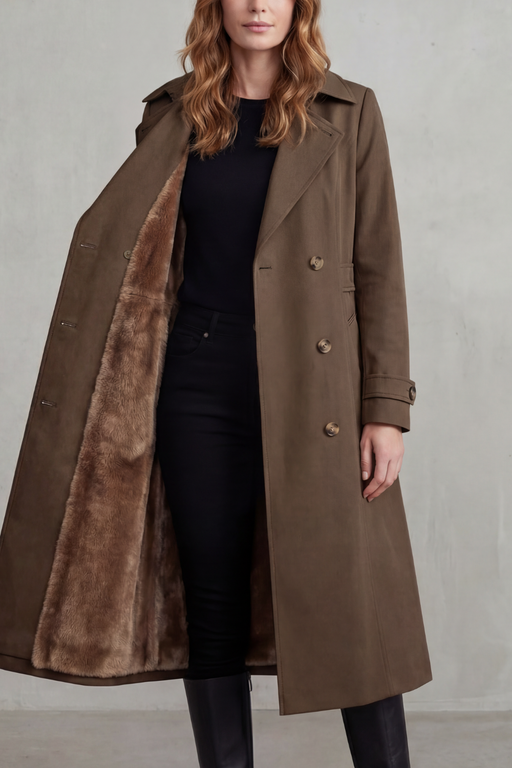 Women's Double-Breasted Winter Coat with Faux Fur Lining - Carletta