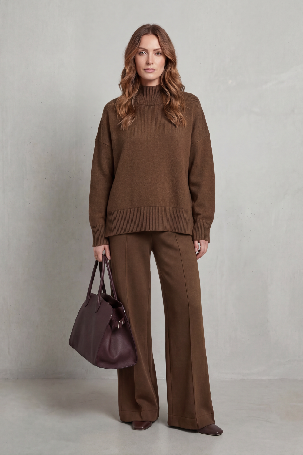Brown colorway of the funnel neck knit lounge set, full-length view
