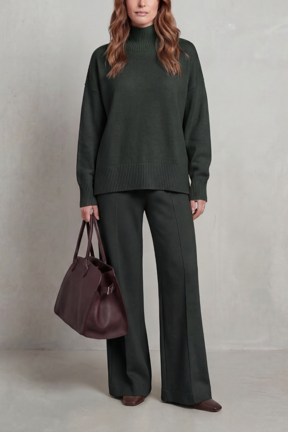 Army Green colorway of the knit sweater and pants set, full-length view