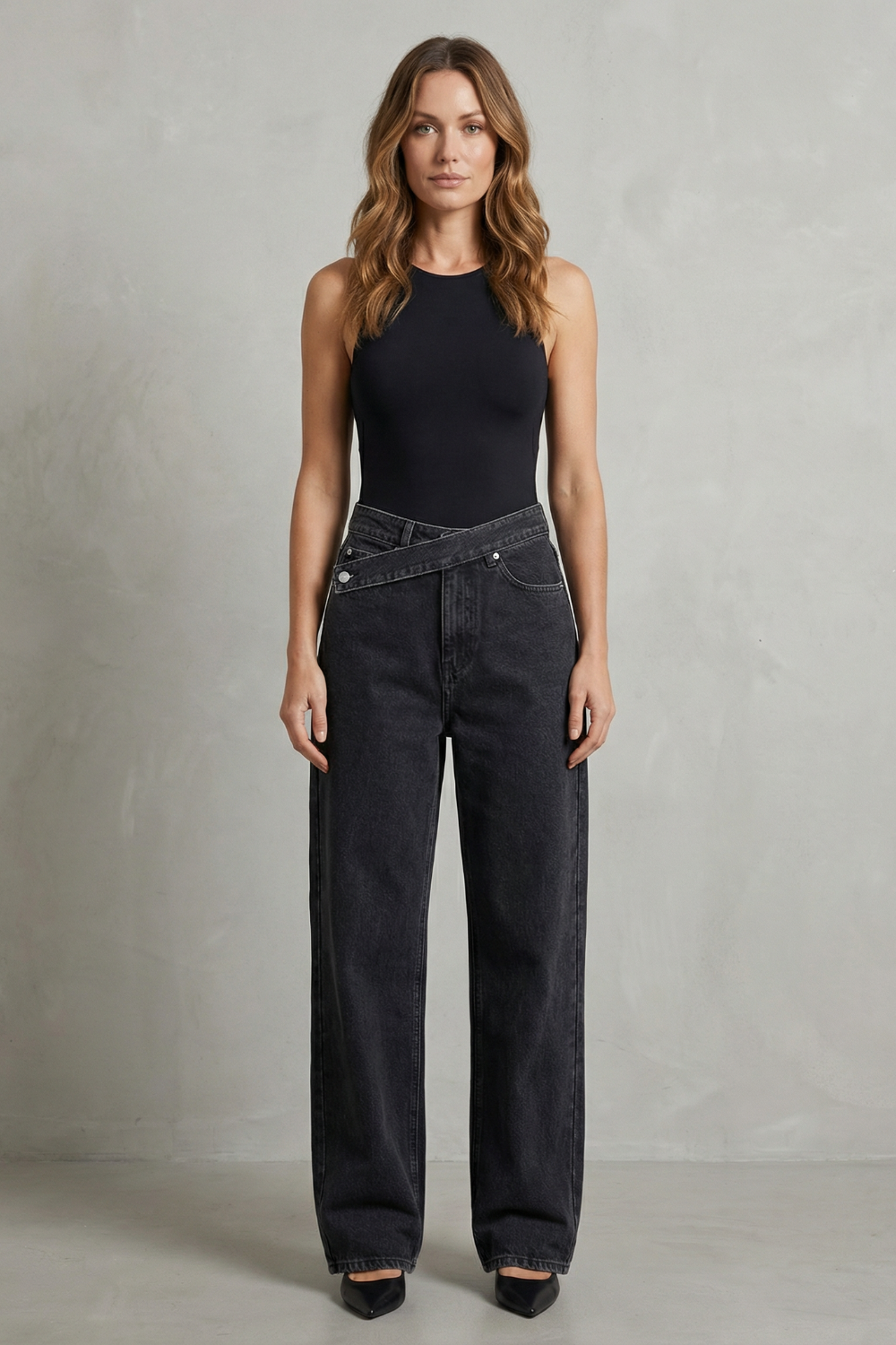 Women's High Rise Asymmetric Straight Leg Jeans - Rivienne