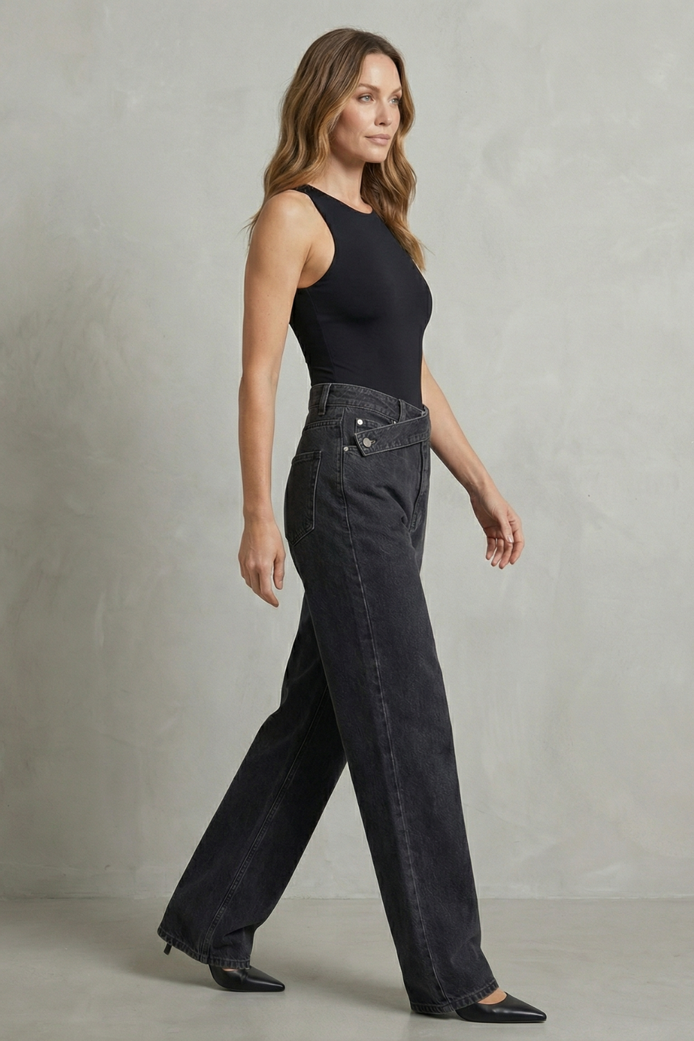 Women's High Rise Asymmetric Straight Leg Jeans - Rivienne