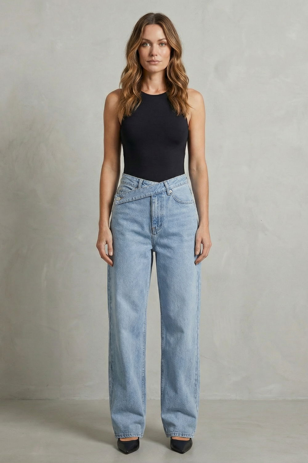 Women's High Rise Asymmetric Straight Leg Jeans - Rivienne
