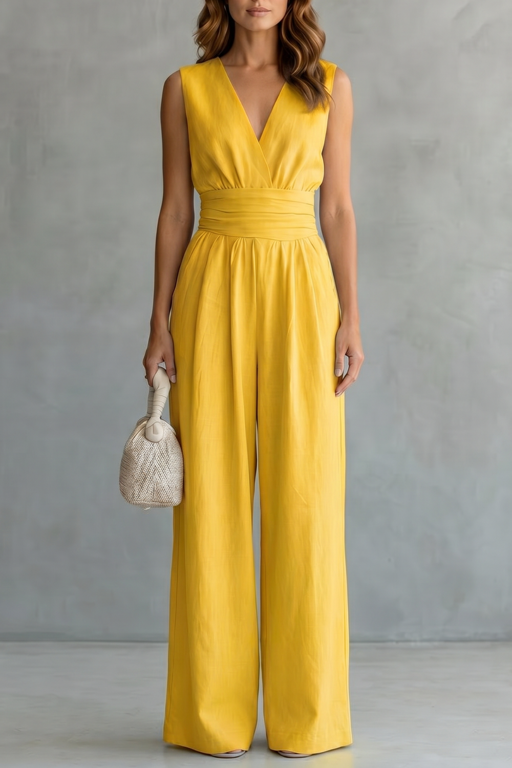 V-neck jumpsuit styled with strappy sandals and delicate gold jewelry