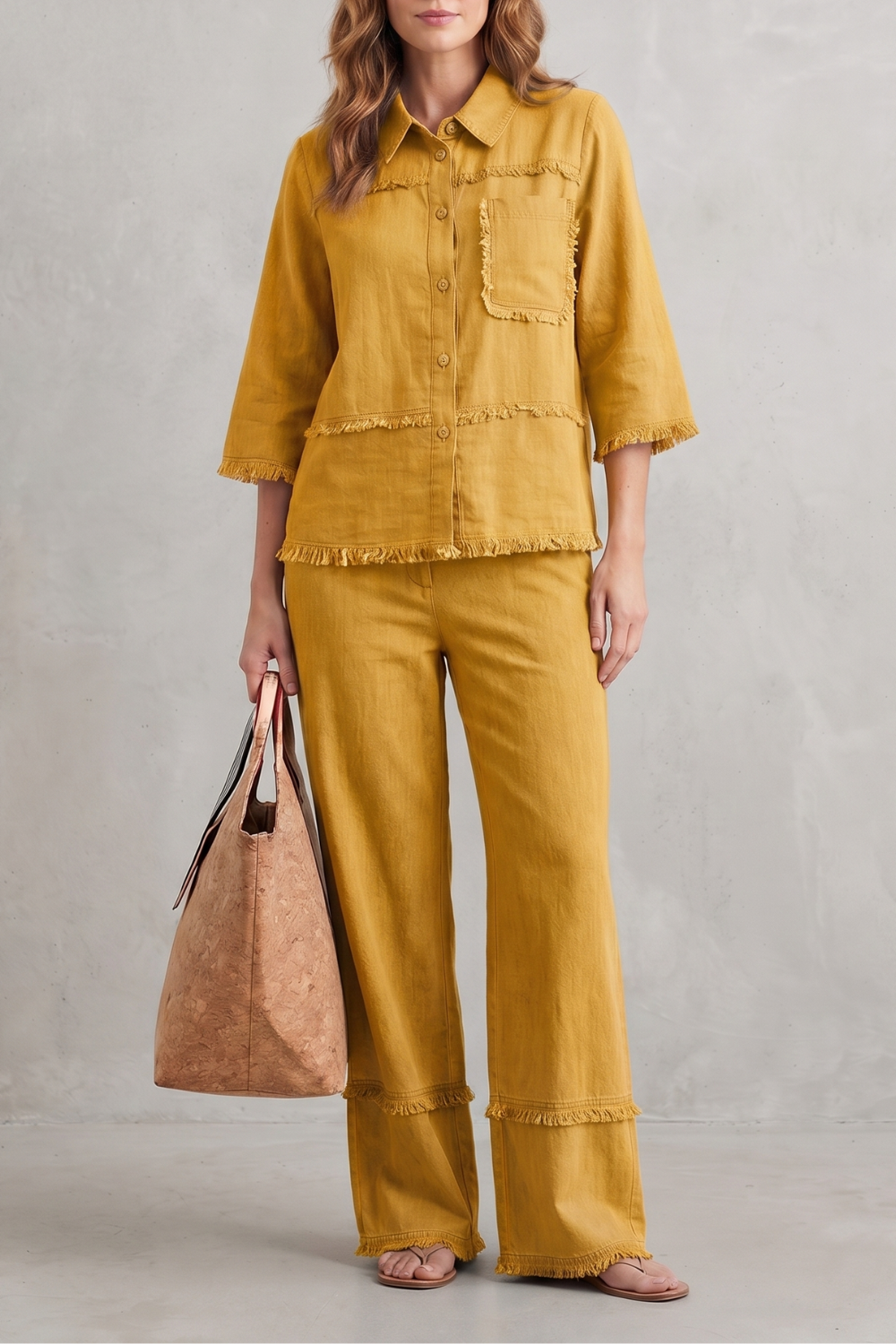 Green colorway of the linen wide-leg pants set, full-length view