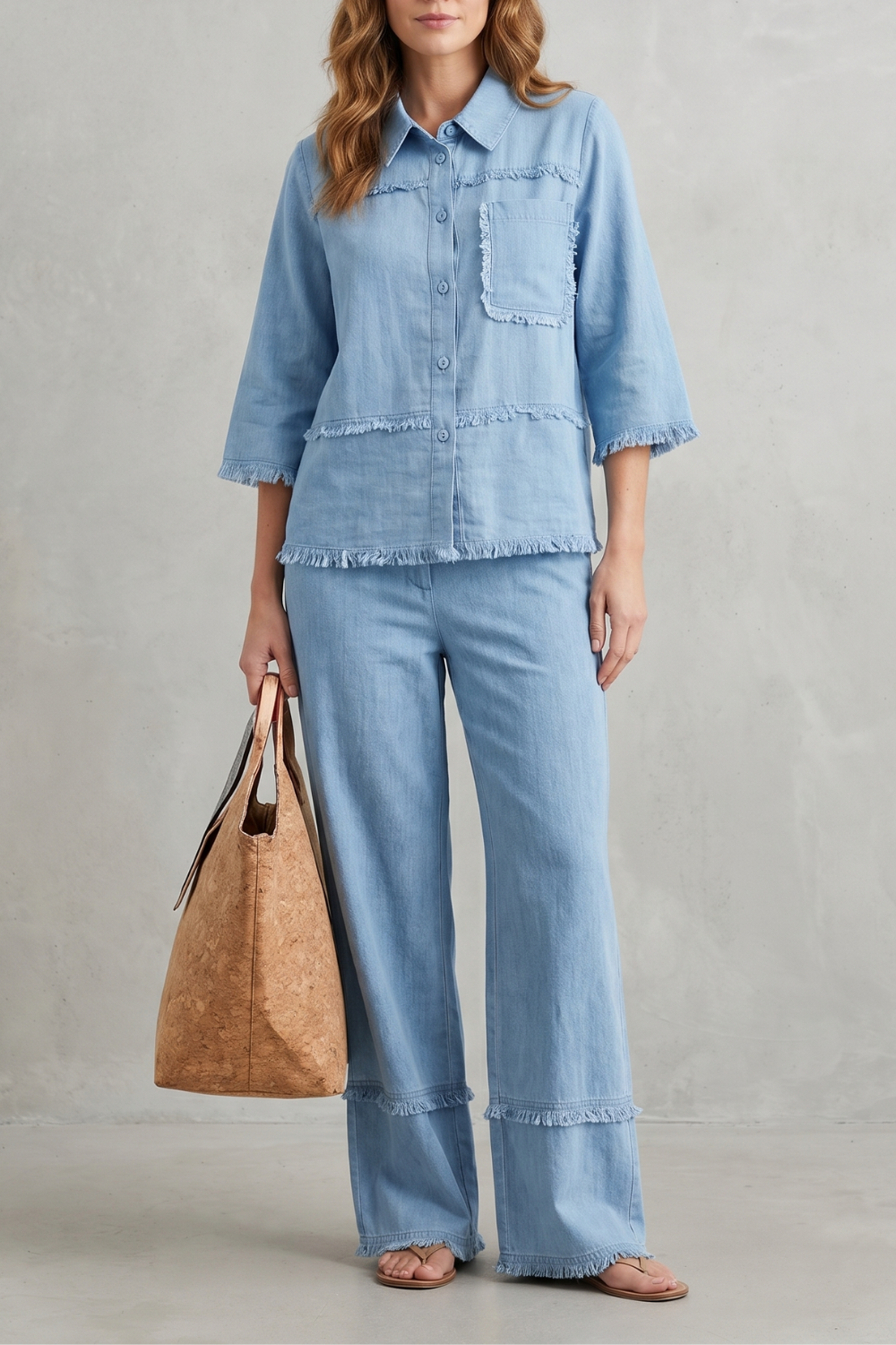 Women's linen blend collared top and wide-leg pants set, front view