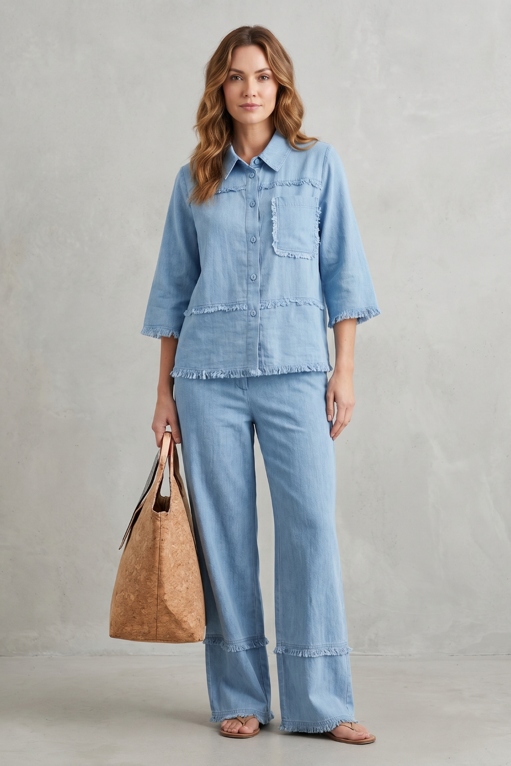 Side view of the cotton-linen collared top and wide-leg pants