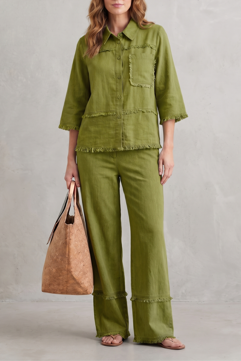 Detail of the turn-down collar on the linen blend top
