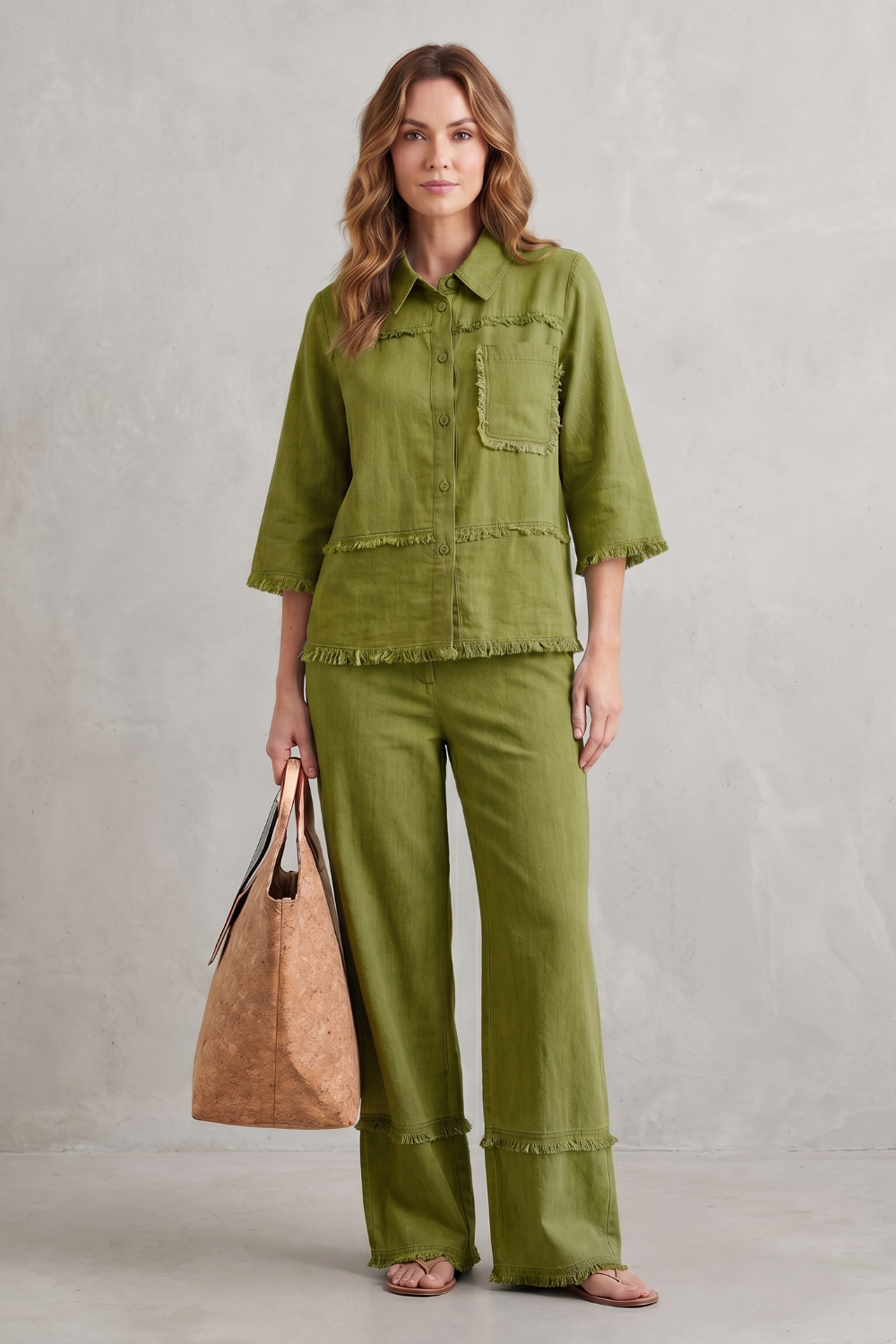 Light Blue colorway of the linen wide-leg pants set, full-length view