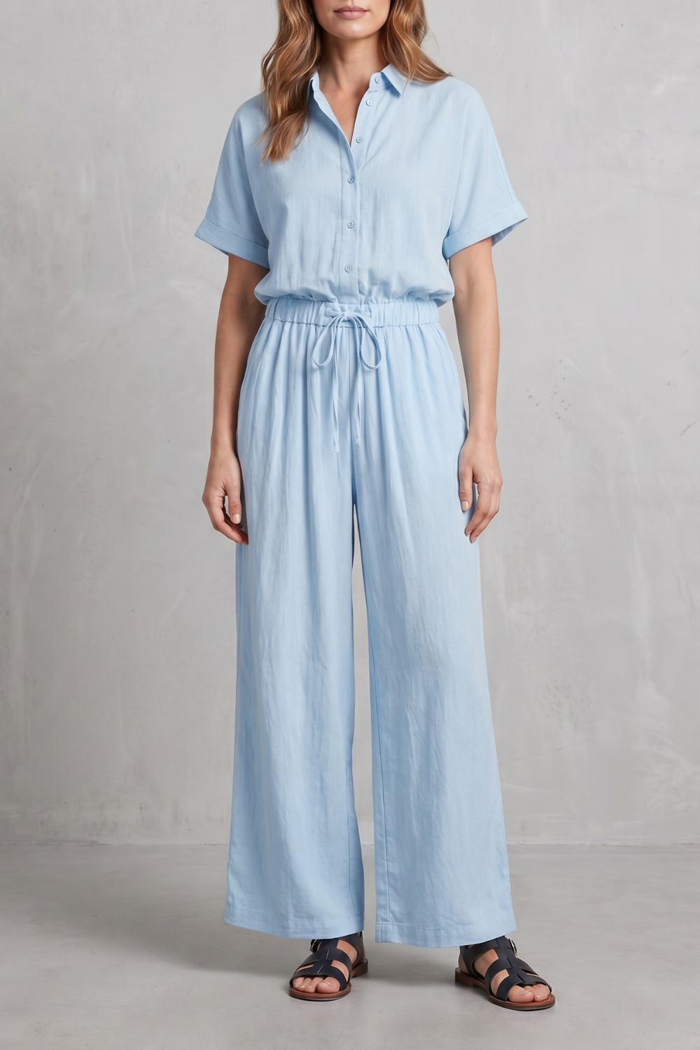 Women's short-sleeve top and wide-leg pants set with pockets, front view