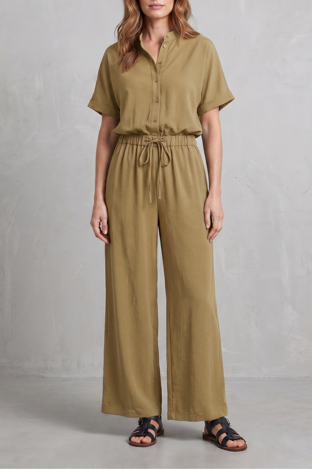 Yellow colorway of the short-sleeve top and pants set, full-length view