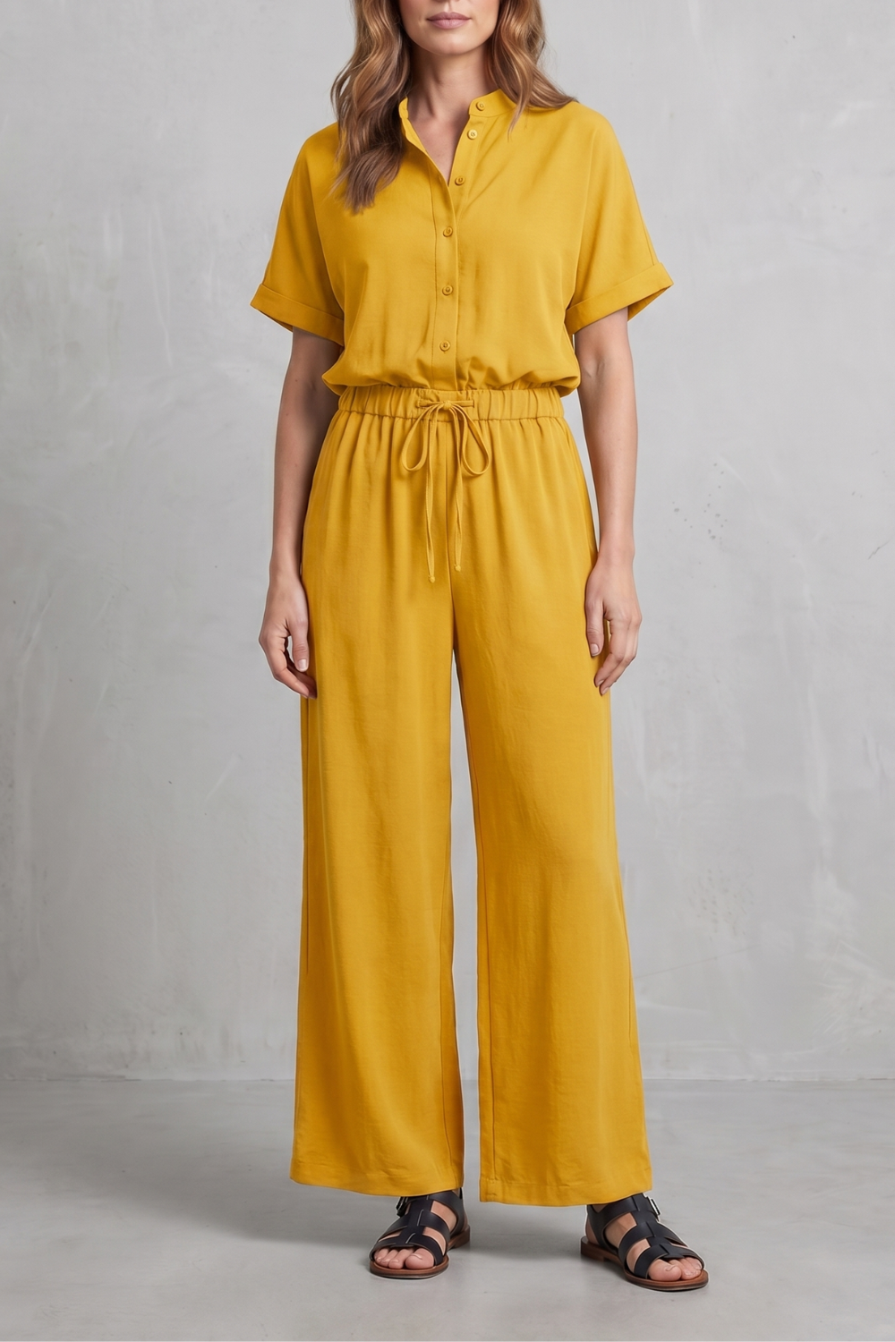 White colorway of the short-sleeve top and pants set, full-length view