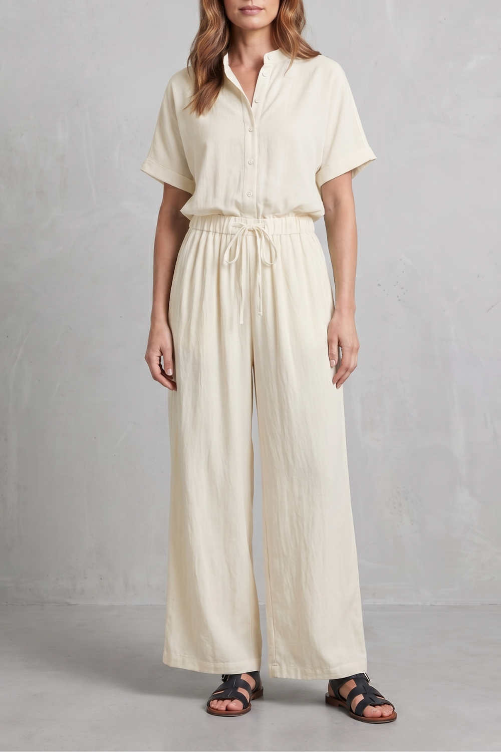 Two-piece set styled with heeled mules for relaxed evening wear