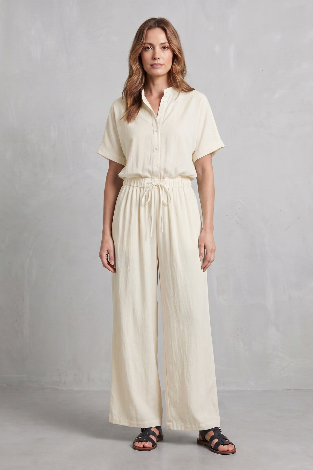 Full-length view of the short-sleeve top and wide-leg pants set on model