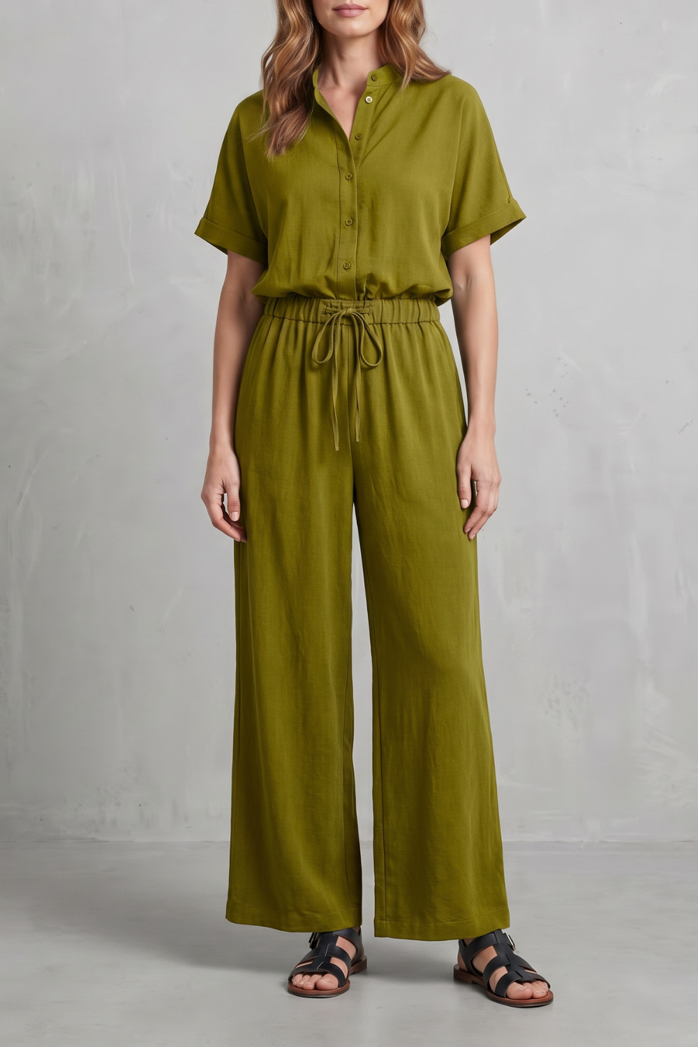 Black colorway of the short-sleeve top and pants set, full-length view