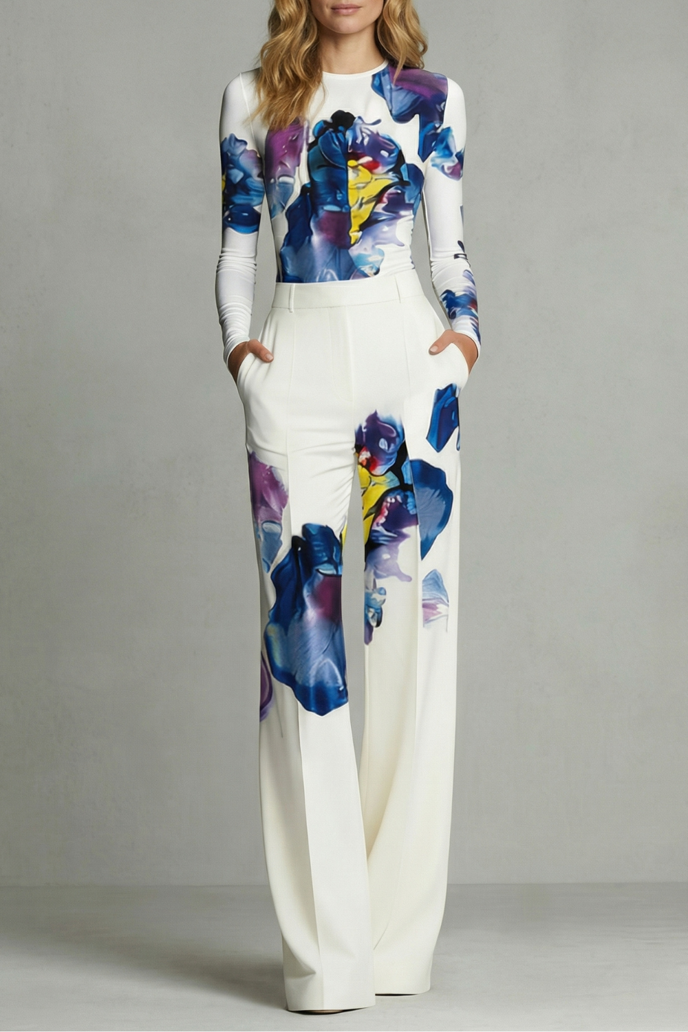 Women's long-sleeve top and wide-leg pants set in abstract floral print, front view