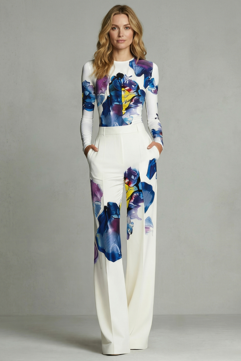 Side view of the fitted long-sleeve top and wide-leg pants set