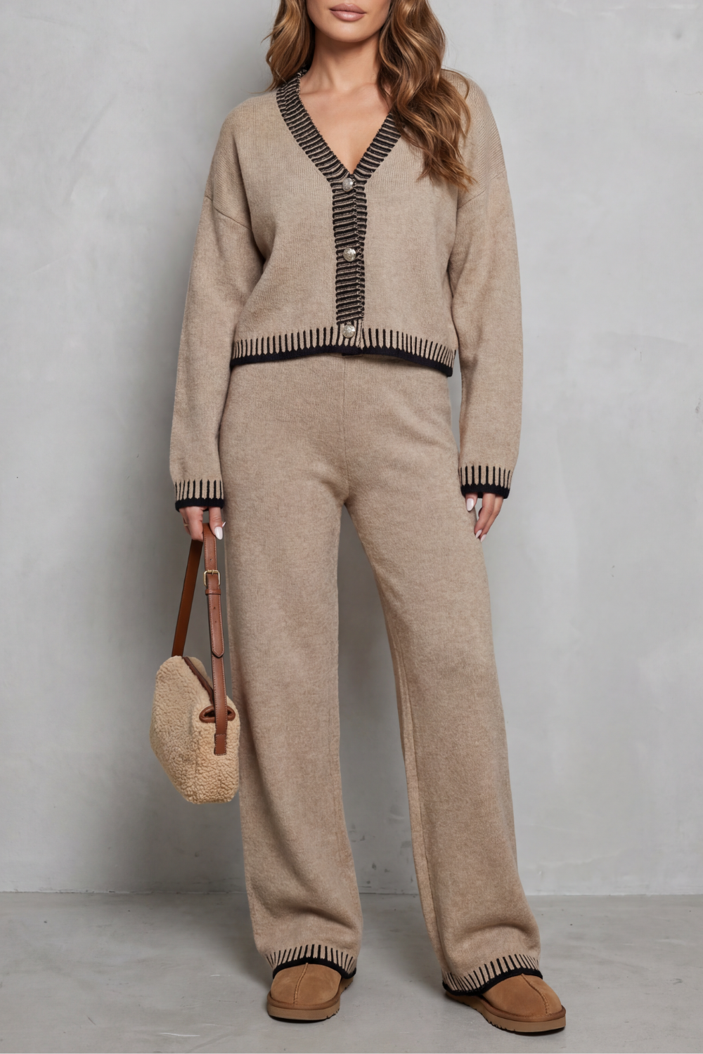 Women's V-neck contrast-trim knit cardigan and pants lounge set, front view