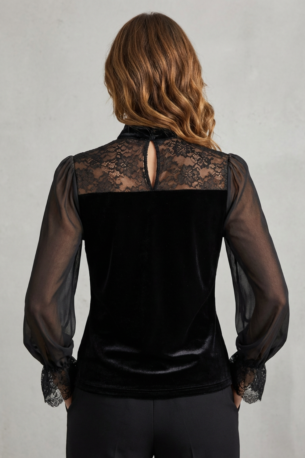Women's Velvet Blouse with Sheer Chiffon Sleeves - Turielle