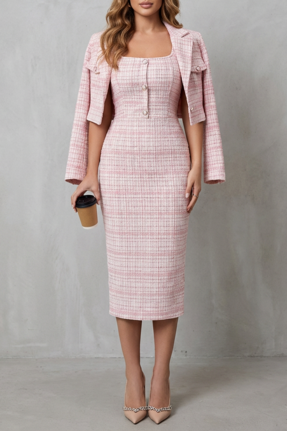 Women's plaid cropped blazer and fitted midi dress set, front view