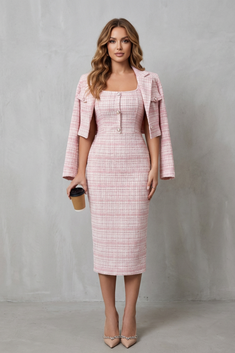 Side view of the plaid cropped blazer over the fitted midi dress