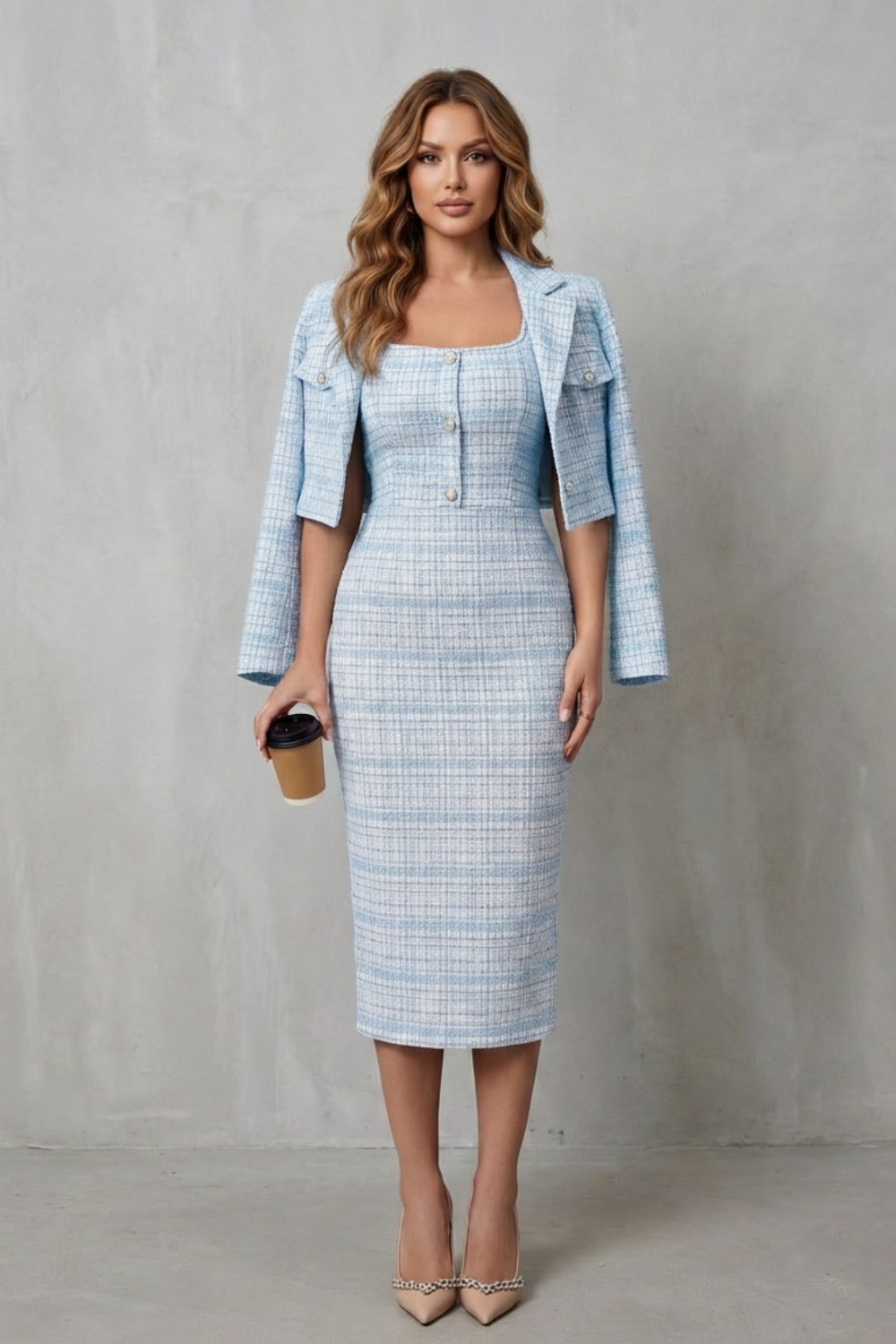 Pink colorway of the plaid blazer and midi dress set, full-length view
