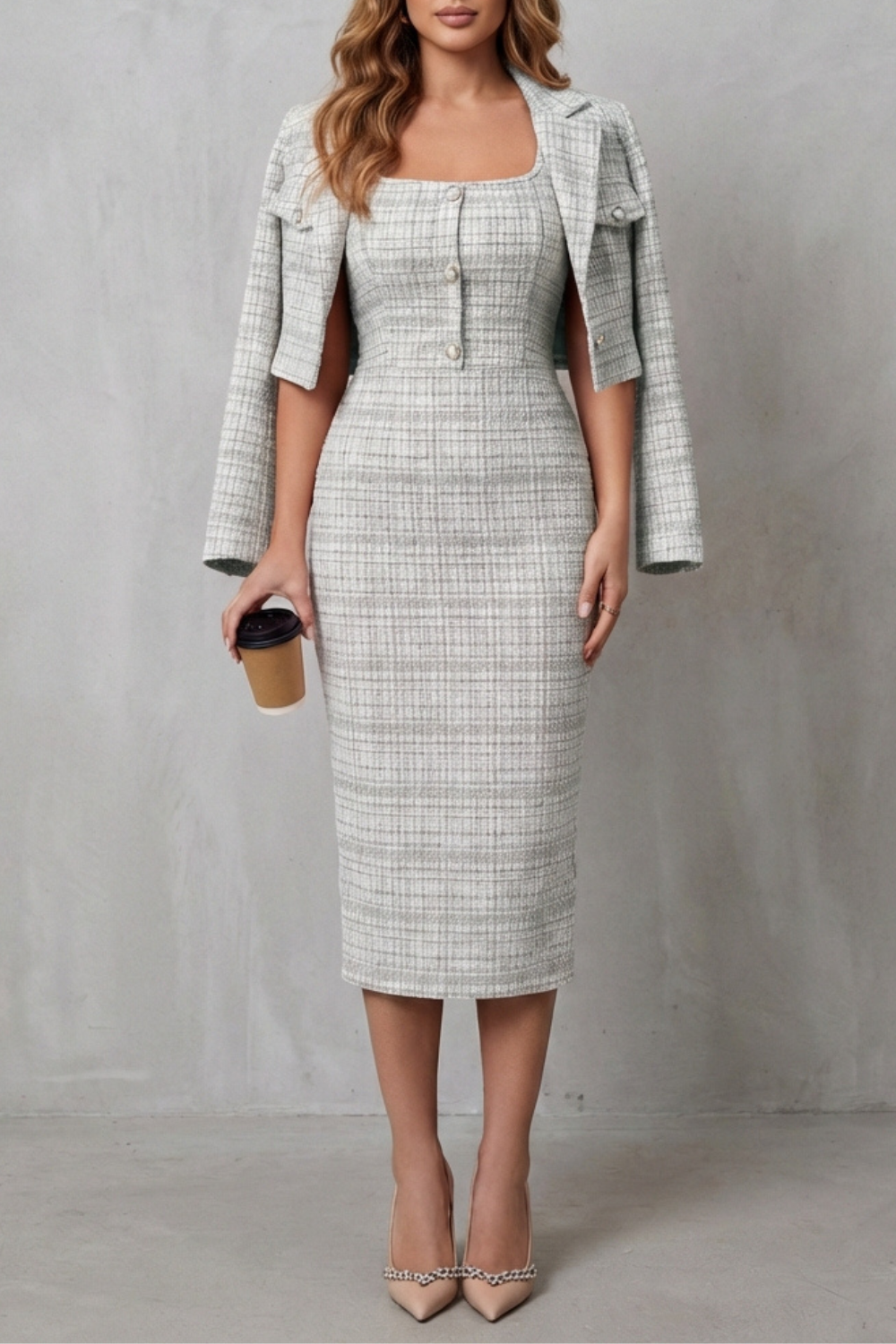 Light Gray colorway of the plaid blazer and midi dress set, full-length view