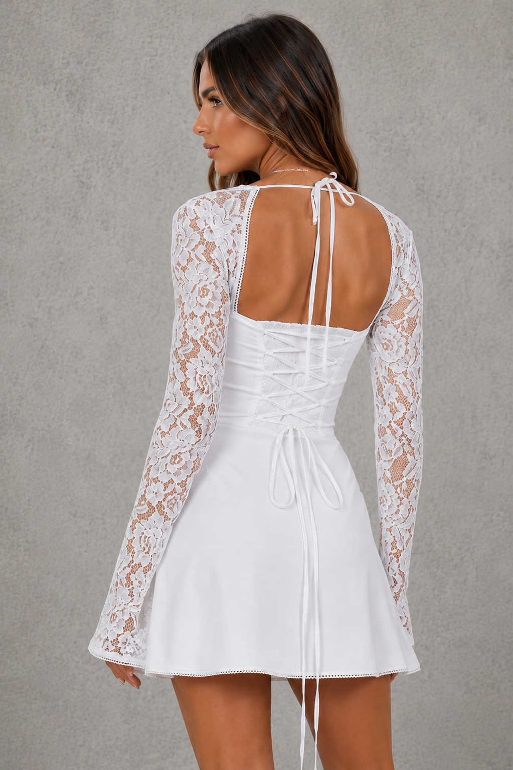 Women’s chiffon milkmaid mini dress with sheer lace sleeves, fitted underwired bodice, lace-up back and flowing A-line skirt for parties and date nights.