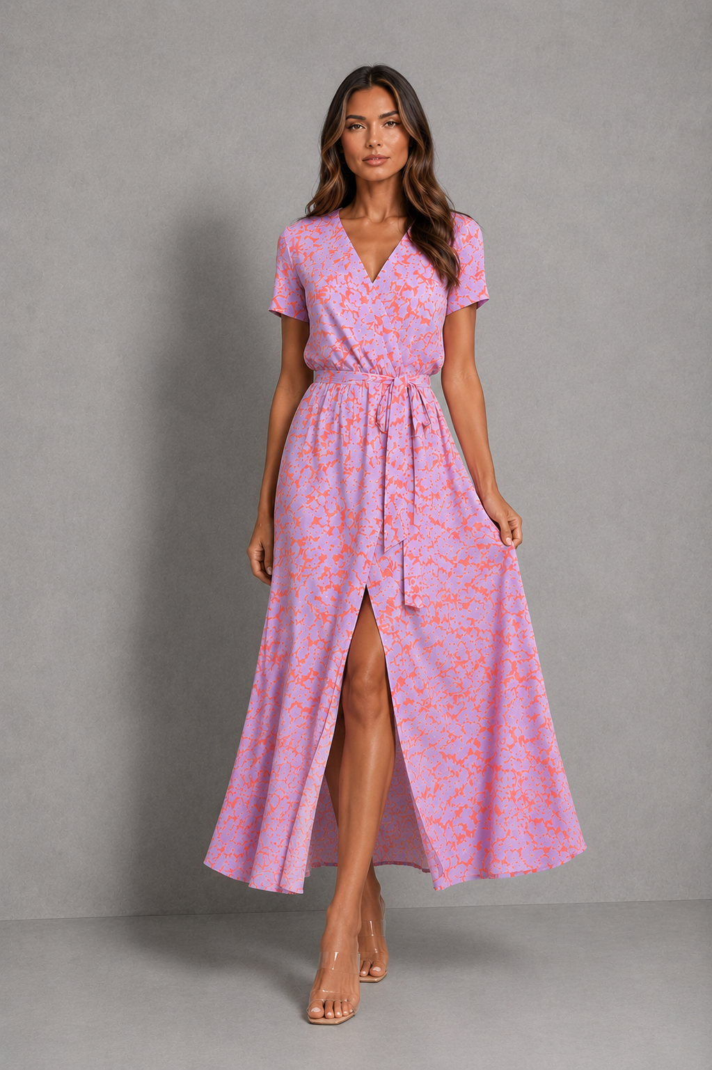 Women’s floral wrap midi dress with V-neckline, short sleeves, adjustable tie waist and front split, ideal for summer occasions.