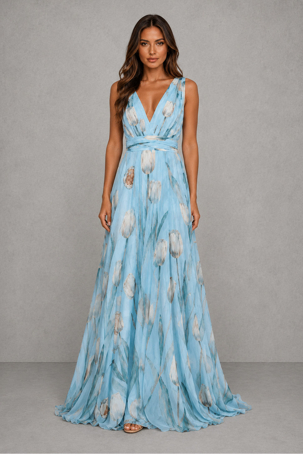 Women’s floral V-neck maxi dress with sleeveless design, cinched waist and flowing full-length skirt for weddings and elegant occasions.