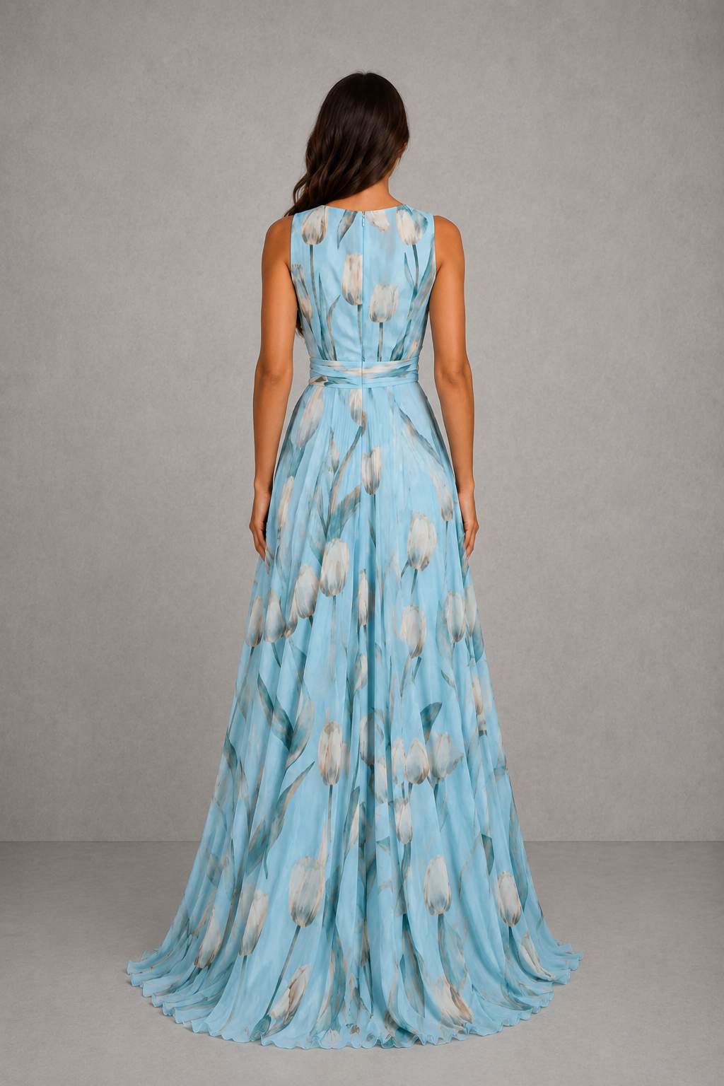 Women’s floral V-neck maxi dress with sleeveless design, cinched waist and flowing full-length skirt for weddings and elegant occasions.