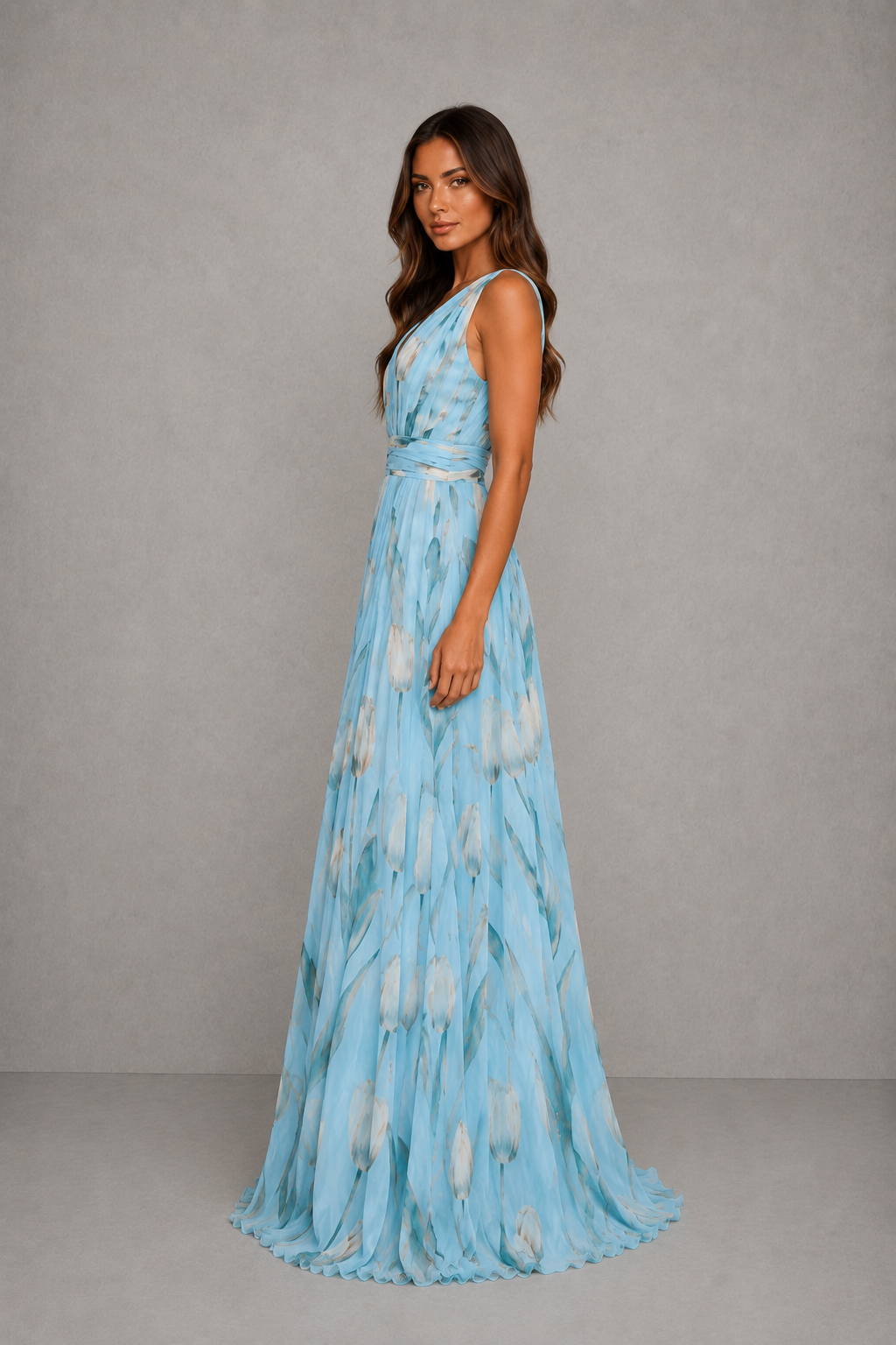 Women’s floral V-neck maxi dress with sleeveless design, cinched waist and flowing full-length skirt for weddings and elegant occasions.