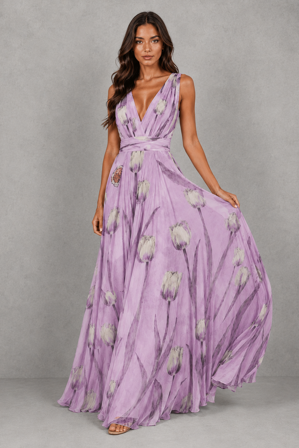 Women’s floral V-neck maxi dress with sleeveless design, cinched waist and flowing full-length skirt for weddings and elegant occasions.