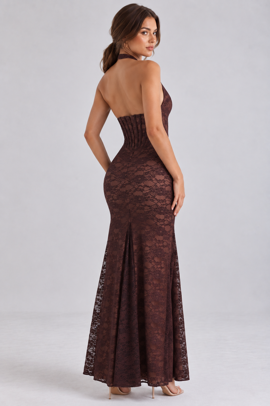 Women's brown halter maxi dress with corset bodice for cocktail parties.