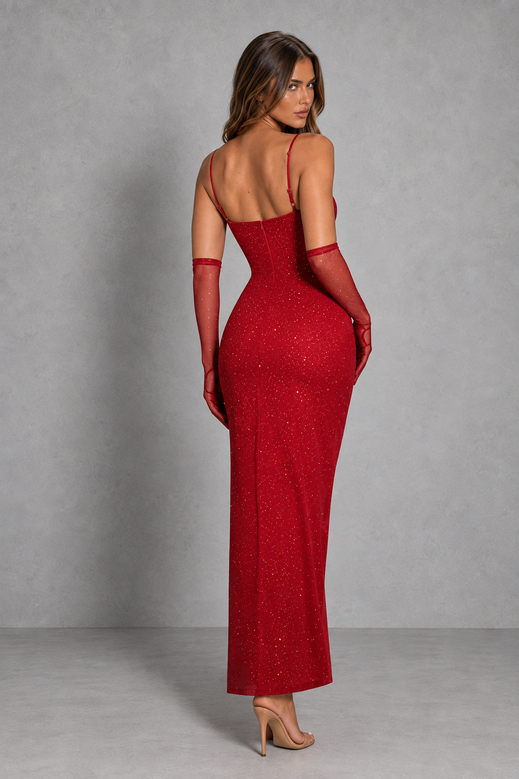 Women's Strapless Glitter Bodycon Maxi Dress with High Slit