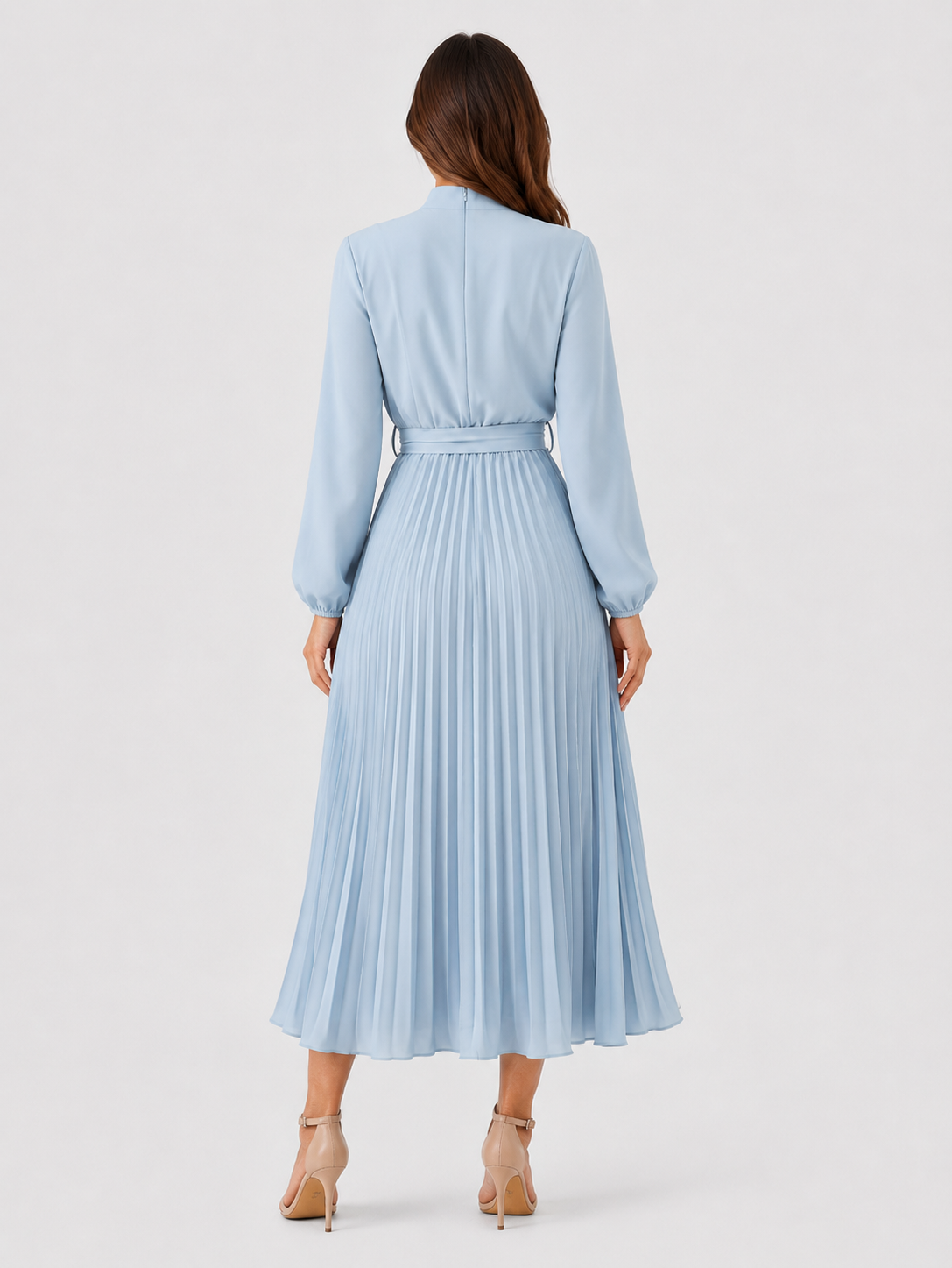 Women’s long-sleeve pleated midi dress featuring a high gathered neckline, fabric waist belt, and flowing pleated skirt. Designed with a fitted waist and relaxed silhouette for comfortable everyday wear.