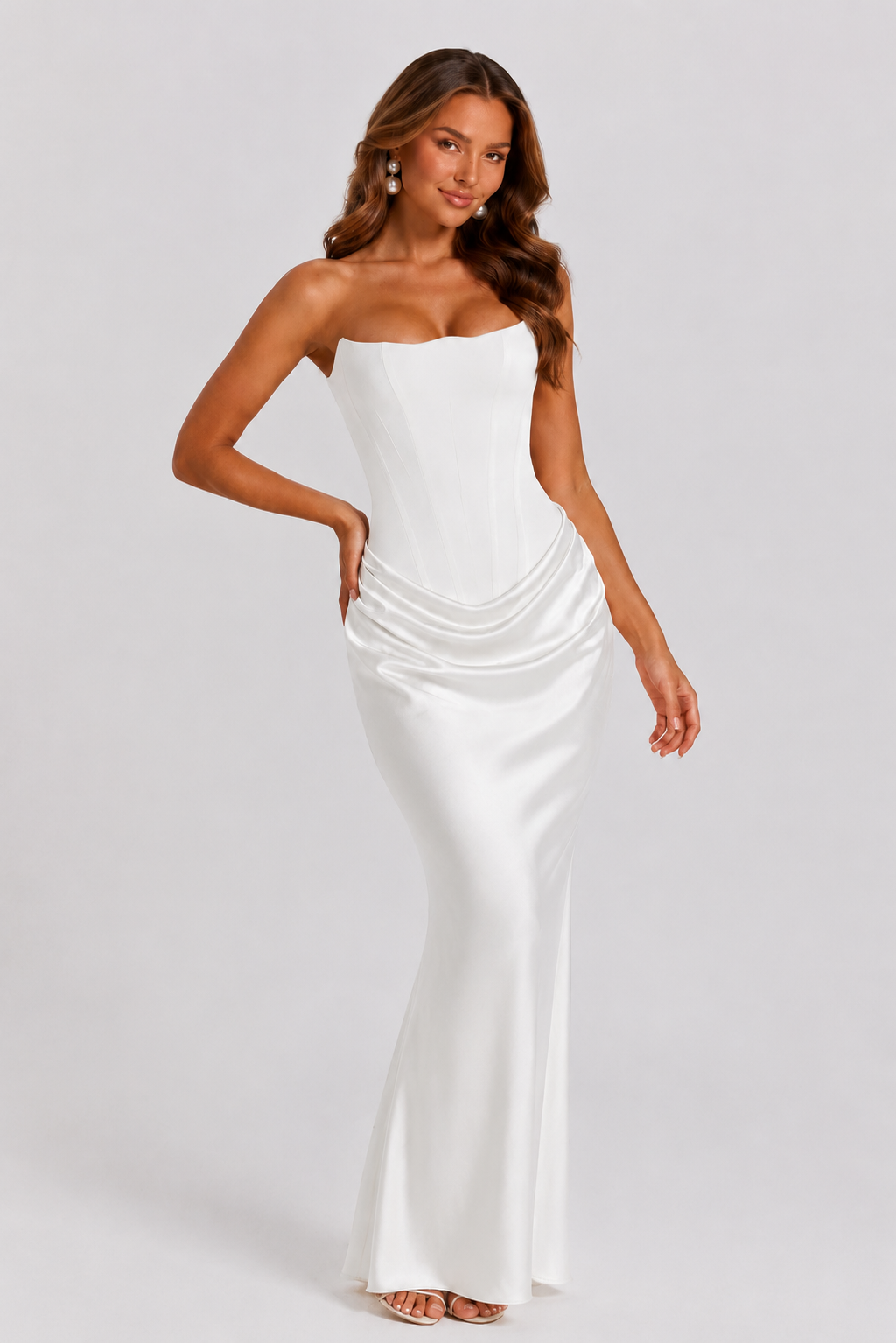 Women’s Strapless Satin Gown with Draped Waist - Elegant Sculpted Fit