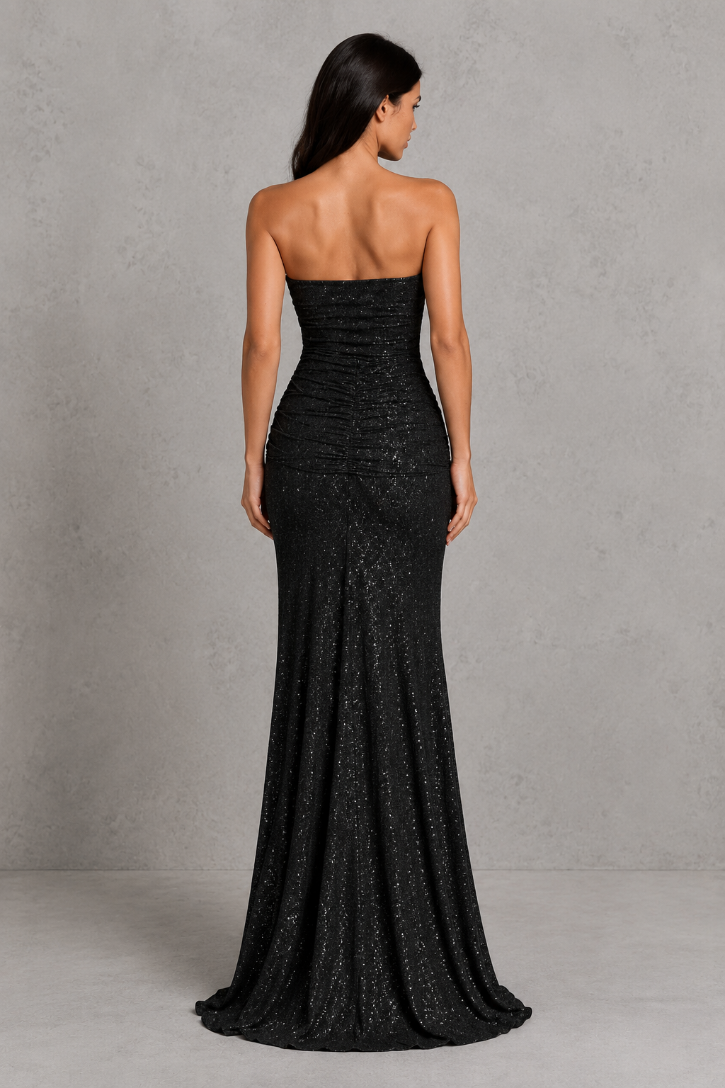 Women’s Strapless Glitter Maxi Dress with Ruched Waist Detail for Evening & Formal Wear