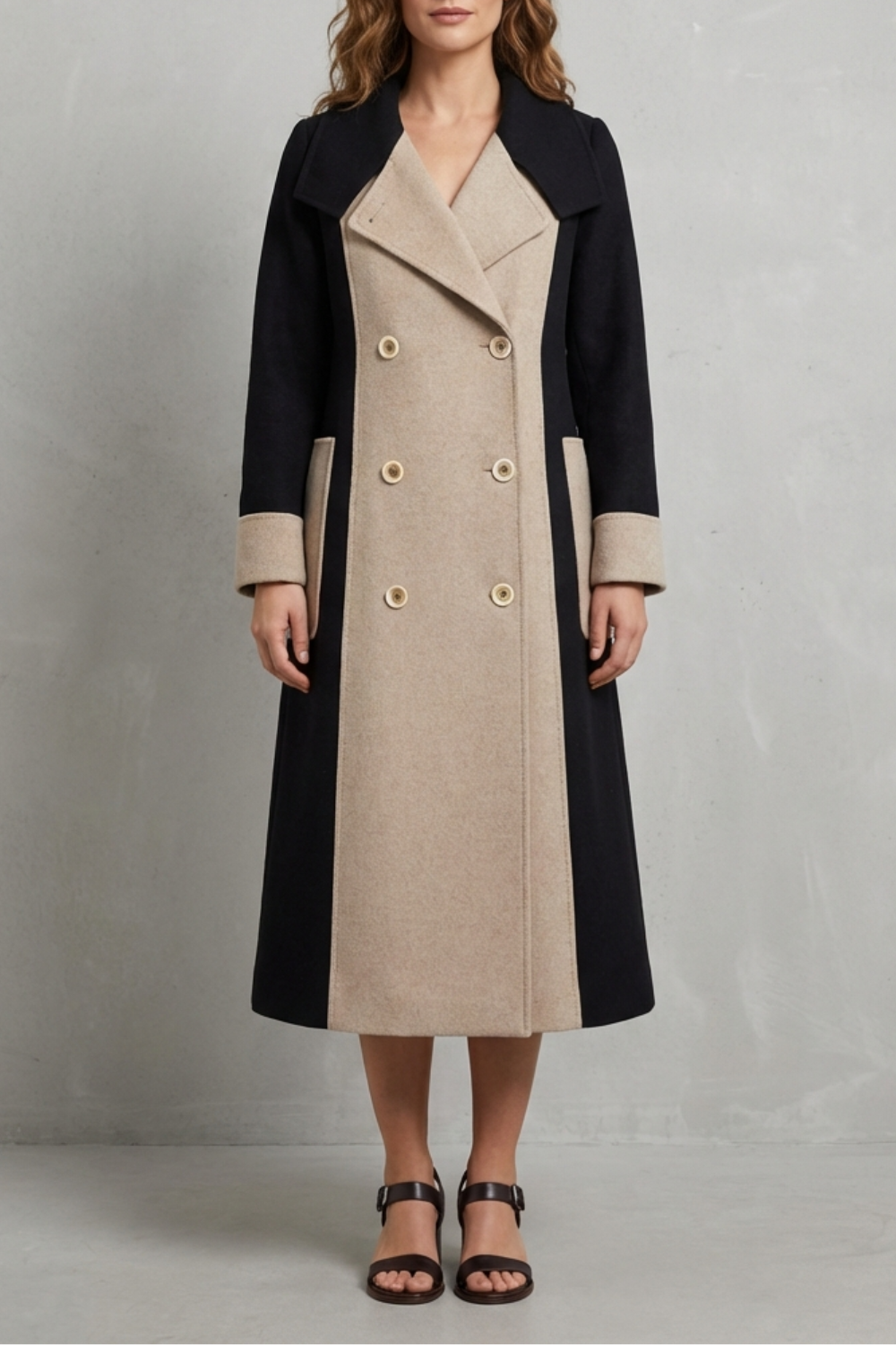 Women's Elegant Hepburn-Style Wool Coat with Contrast Colors - Clara