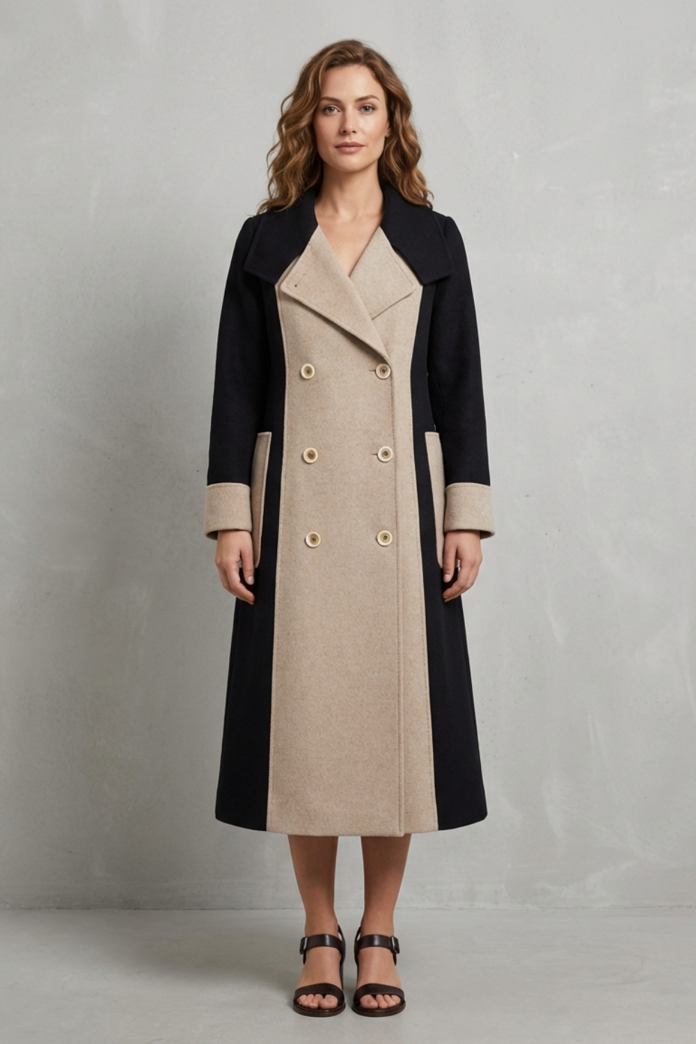 Women's Elegant Hepburn-Style Wool Coat with Contrast Colors - Clara