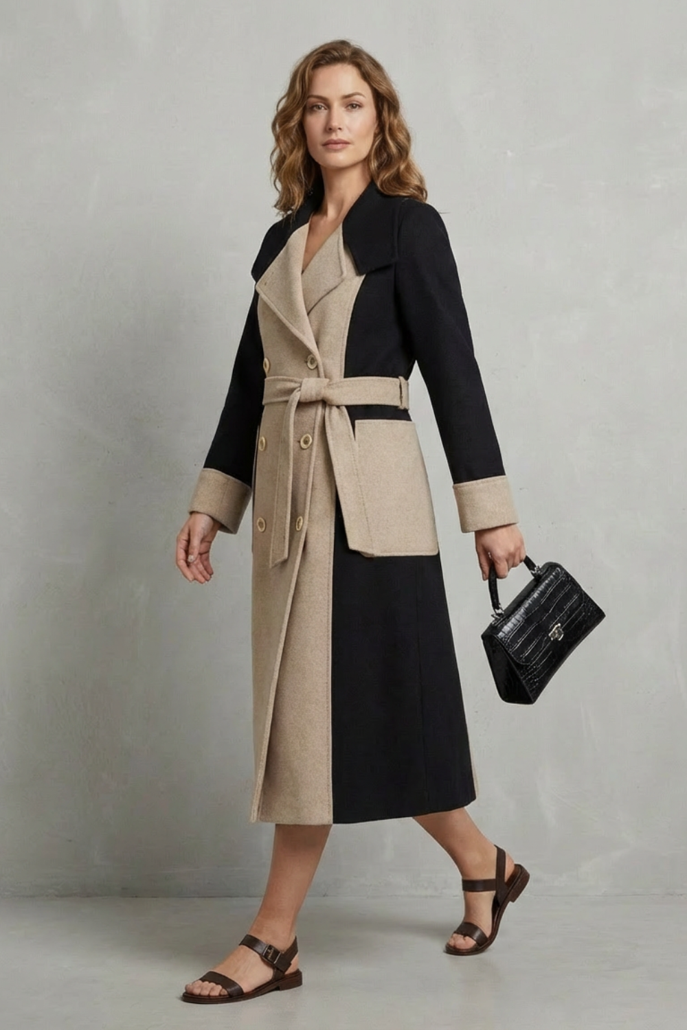 Women's Elegant Hepburn-Style Wool Coat with Contrast Colors - Clara
