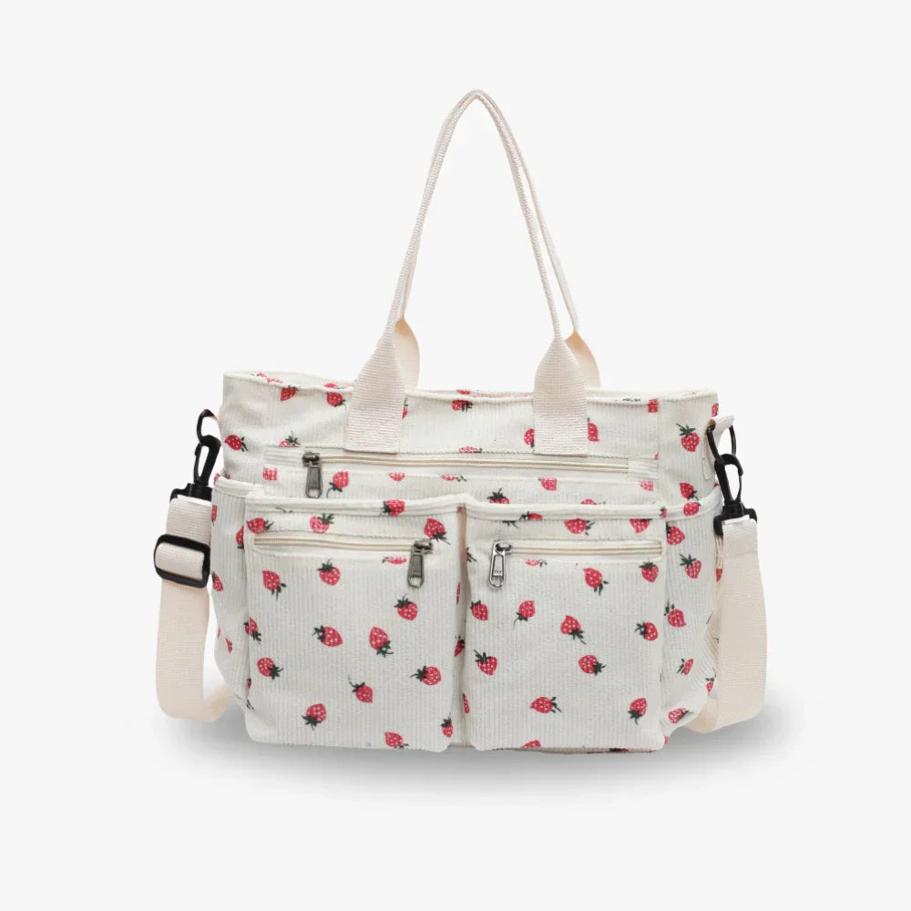 Women's Strawberry Print Canvas Tote Bag with Adjustable Shoulder Strap | Rosie