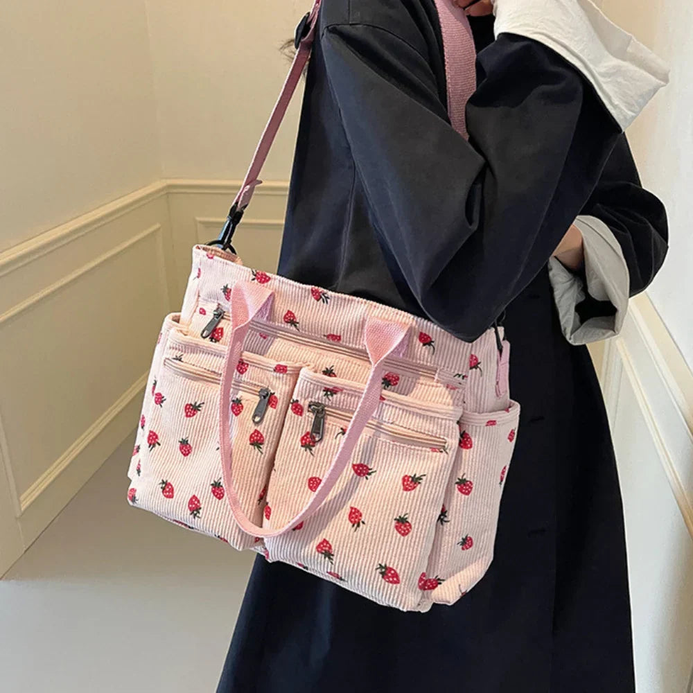 Women's Strawberry Print Canvas Tote Bag with Adjustable Shoulder Strap | Rosie