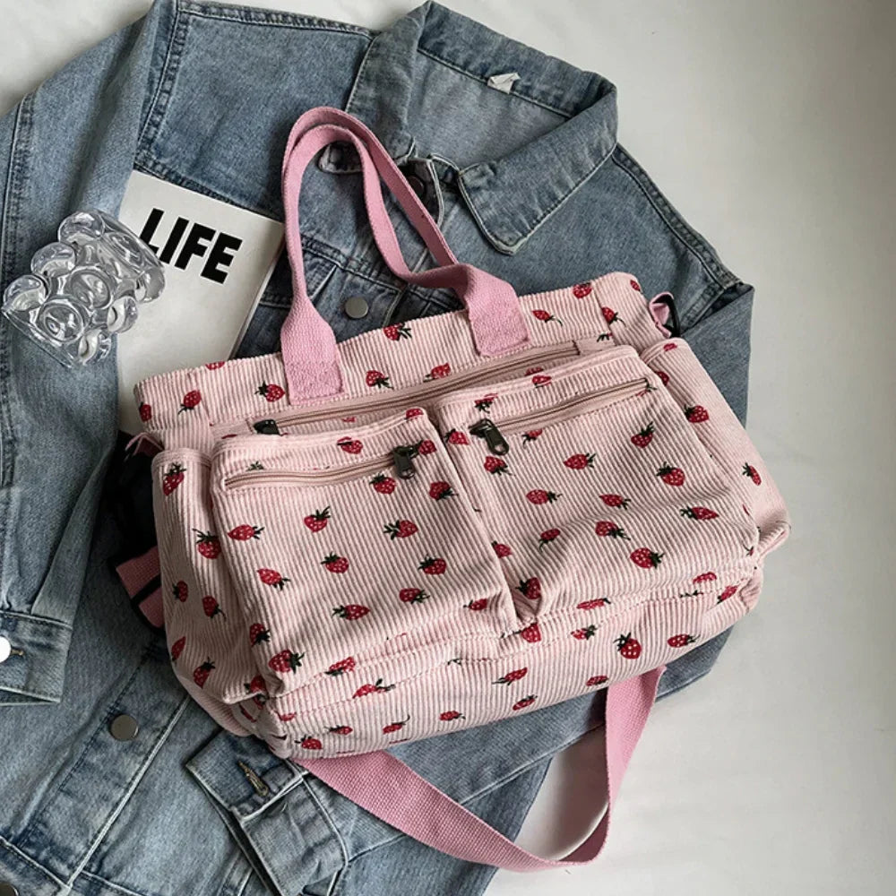 Women's Strawberry Print Canvas Tote Bag with Adjustable Shoulder Strap | Rosie